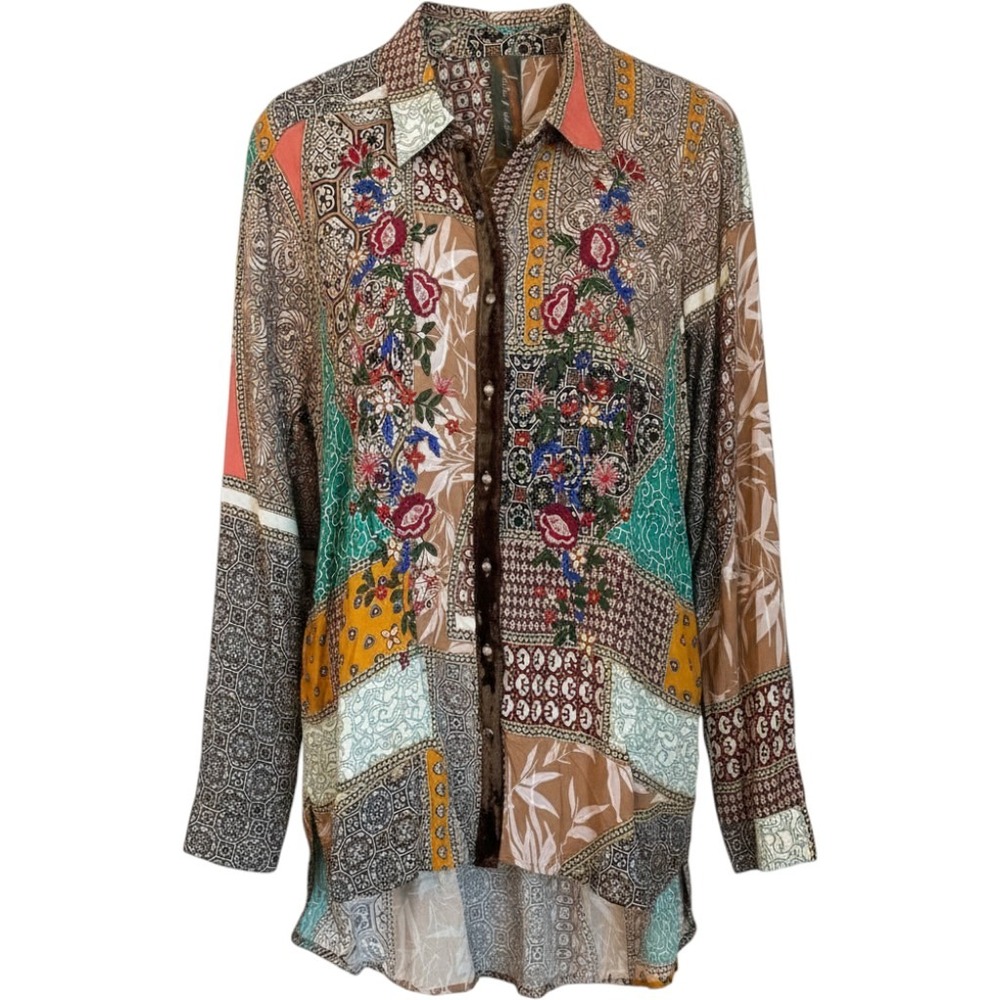 Aratta Silent Journey XL Luna Patchwork Embroidered Beaded Velvet‎ Trim Tunic